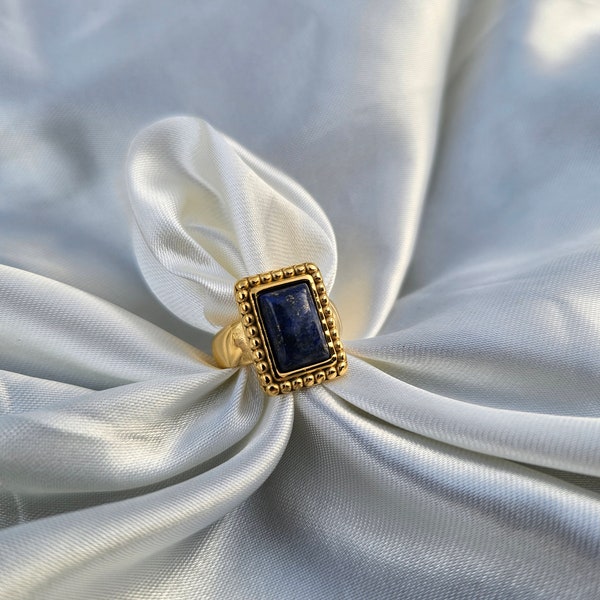 Emel Ring | Vintage Style Classic | 18K Gold Plated Stainless Steel Lapis Lazuli Blue | Non-tarnish Waterproof | Women's Jewelry