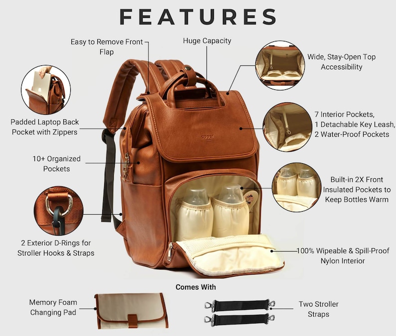 Best Diaper Bag Backpack, Leather Moms & Dads Diaper Bag for Baby Shower Gift