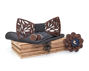 LKXHarleya Handmade Wooden Hollow Bow Tie Collection with Gift Box