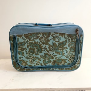 Mid-Century Front-Zip Tapestry Suitcase; Blue and Green Leaves Fabric Luggage; Vintage Suitcase; Avon Pattern