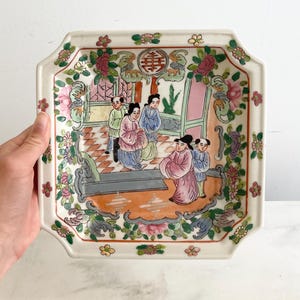 Vintage Chinoiserie Bowl Square; Chinese Catchall Dish; Floral Decorative Chinoiserie Wall Plate Bowl; Hand Painted Grandmillennial Colorful