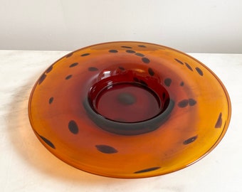 Vintage Large Art Glass Bowl With Black Spots & Orange/Brown Background; Tortoiseshell Style; Cheetah Print; MCM; Midcentury Retro Chip Bowl