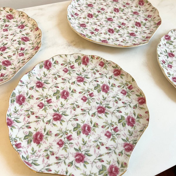 Vintage Lefton Rose Chintz China Snack Plates Set of Four; Scalloped Edges; Clam Shell Shaped; Garden Party; Springtime; Shabby Chic Flowers