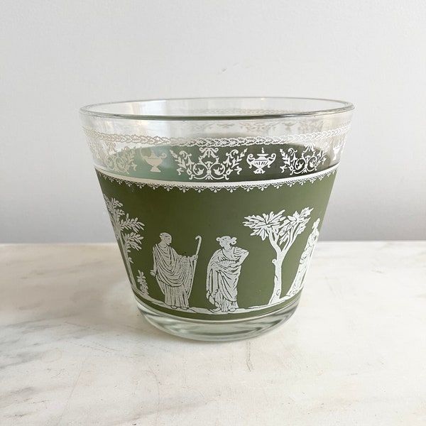 Jeannette Ice Bucket Green Hellenic Glass; 1960s Wedgwood Style; Classical Design Bucket