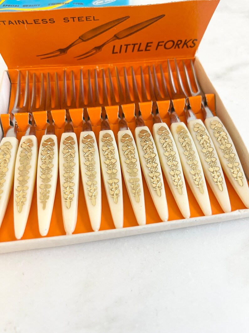 Mini little Fork Cocktail Stainless Steel Forks Set of Twelve Gold Leaf