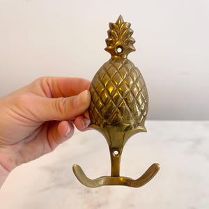 Vintage Brass Pineapple Double Hook Hanger; Gold Colored Fruit Decor; Pineapple Brass Towel Hanger; Bathroom Kitchen Brass Hook