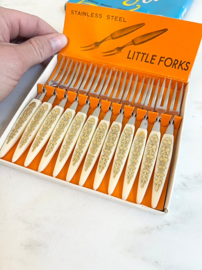 Mini little Fork Cocktail Stainless Steel Forks Set of Twelve Gold Leaf