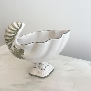 Vintage Green And White Shell Planter; Ugo Zaccagnini Italy Ceramic Nautilus Pot; Hand Painted Beach Shell Bowl; Italian Shell Vase