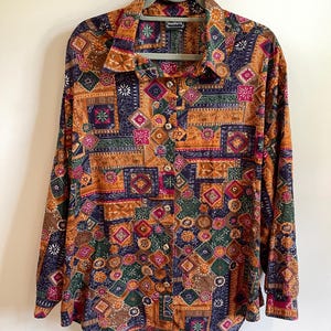 Vintage (L/XL) Bonworth 90s Button-Up Patchwork Western Style Shirt | Boho Tapestry Blouse