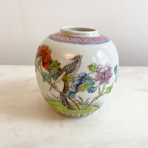 Vintage Chinese Ginger Jar Bird Flowers Hand Painted; Small Chinoiserie Vase Green Purple Blue Orange; Chinese Garden Home Decor