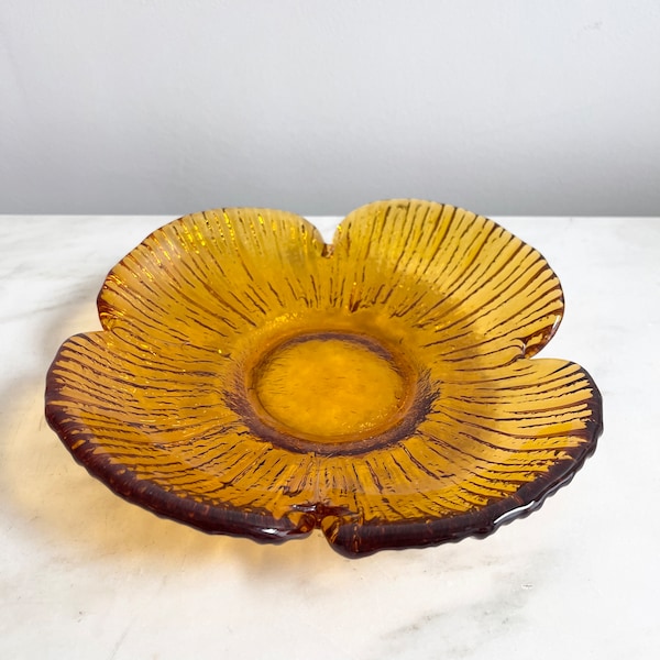 Blenko Petal 625M Bowl in Amber; Vintage 1960s Orange-Yellow Glass Trinket Dish