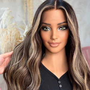 Brunette Human Hair Wig: Chocolate Brown, Golden Beige Highlights, HD Lace