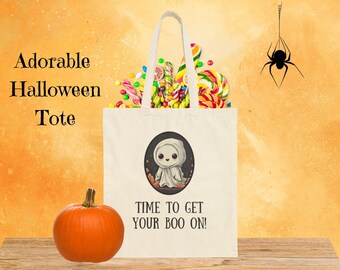 Time to Get Your Boo On Tote Bag, Funny Halloween Cotton Bag, Spooky Fall Shopping Bag, Trick or Treat Tote