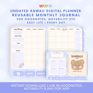 Kawaii Digital Planner for iPad – Undated Monthly PDF Hyperlinked Journal for GoodNotes, Notability, & Samsung Notes - Digital Download
