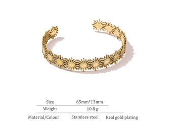 Sunflower Stainless Steel 18kt Gold Plated Bangle Cuff Bracelet Trendy, couples bracelets, gift for her, CZ bracelet, bridal bracelet
