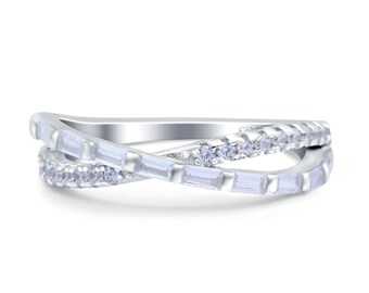 X Crisscross Half Eternity Infinity Band Promise Ring Round Baguette Simulated Cubic Zirconia 925 Sterling Silver, x Crisscross ring, rings