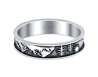 Mountains & Trees Oxidized Band Solid 925 Sterling Silver Thumb Ring (5mm)thumb ring for women, thumb ring, trees thumb ring, Mountains ring
