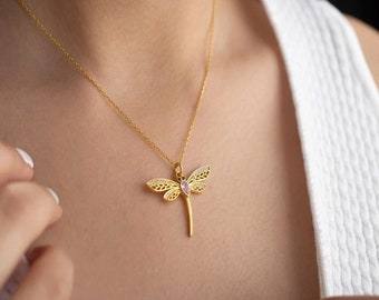 925 Silver Dragonfly Necklace with 14k Gold plating set CZ Zirconia stones filigree & minimalist necklace with dragonfly pendant