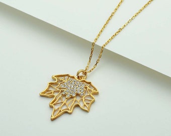 925 Silver Maple Leaf Necklace 14k Gold Plated Decorated with Sparkling White CZ Zirconia Crystals Handmade Canada Leaf Silver Necklace