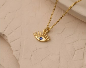 925 Silber Evil Eye Nazar Auge Kette vergoldet & verziert mit CZ Zirkonia Steinen spiritueller Boho Schmuck Layering Chain