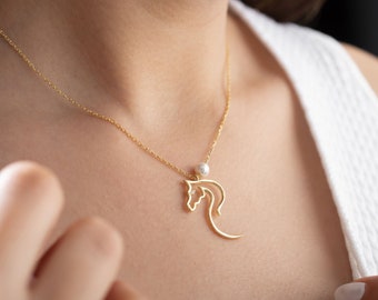 925 Silver Horse Necklace 14k Gold Plated Horse Necklace Decorated with White CZ Zirconia Crystal Handmade Horse Jewelry Horse Love