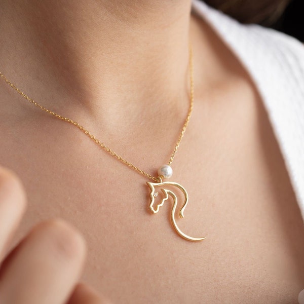 925 Silver Horse Necklace 14k Gold Plated Horse Necklace Decorated with White CZ Zirconia Crystal Handmade Horse Jewelry Horse Love