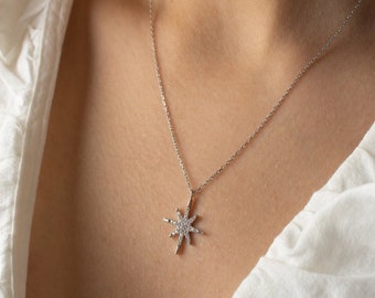 925 silver North Star Polar Star necklace decorated with sparkling white CZ zirconia crystals filigree handmade silver jewelry