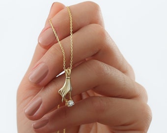 925 Silber Hand Halskette mit Zirkonia Stein 14k vergoldet handgemachter Anhänger in Handform Echtsilber Schmuck Layering Halskette