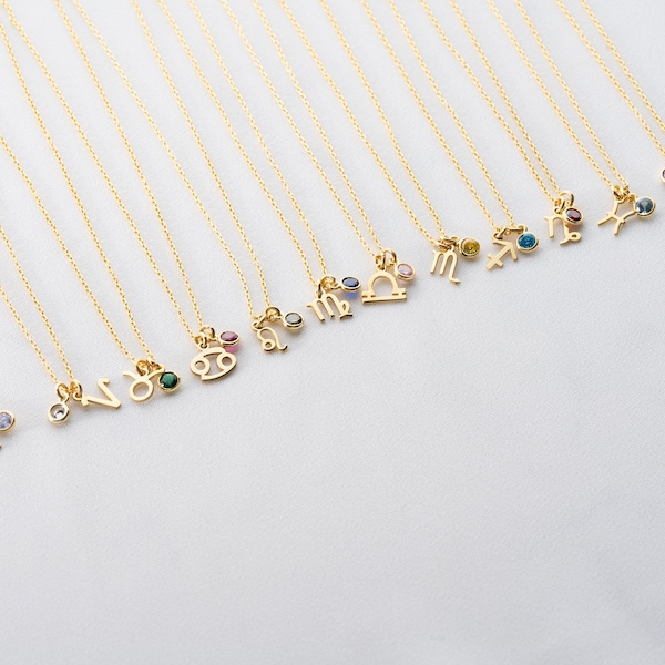 925 Silver Zodiac Necklace 14k Gold Plated with Cubic Zirconia Birthstone Pendant Handcrafted Minimalistic & Delicate Zodiac Chain