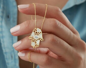 925 Silver Hamsa Chain Hand of Fatima Necklace with Nazar Eye 14k Gold Plated Evil Eye Spiritual Jewelry Dainty Lucky Charm for Her