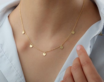 Dainty Sterling Silver Disc Necklace - 14k Gold Plated Mini Charm Layering Choker - Boho Style Gold Disc Chain