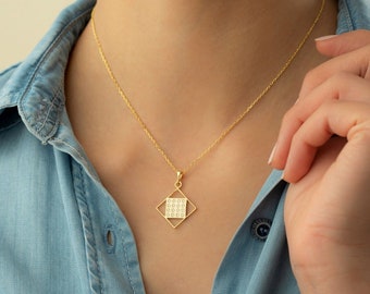 925 sterling silver square diamond necklace geometric chain 14k gold plated set with zirconia stones filigree square pendant
