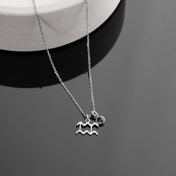 925 Silber Sternzeichen Wassermann Kette Zodiac Aquarius Chain mit Zirkonia Geburtsstein Anhänger minimalistisch & filigran Geschenk für Sie