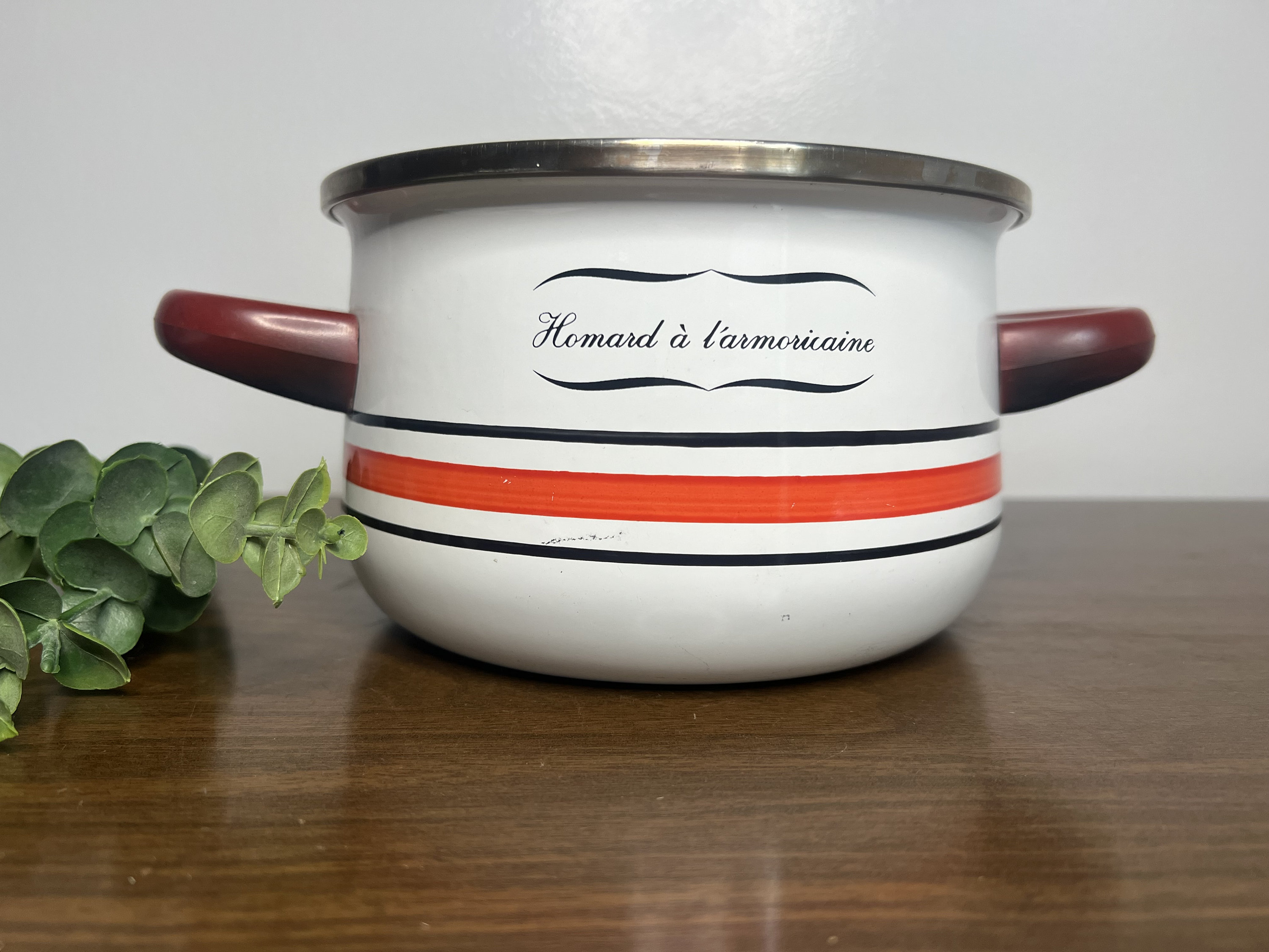 Vintage Enamel Pot With Lid, Retro Enamel Pot, Homard A Larmoricaine