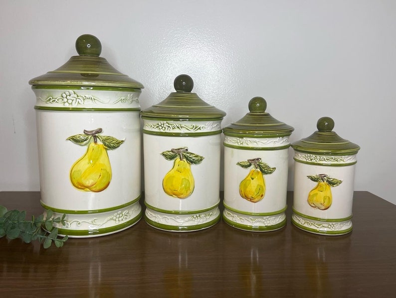 Vintage Kitchen Canisters, Retro Countertop Decor, Textured Pear and