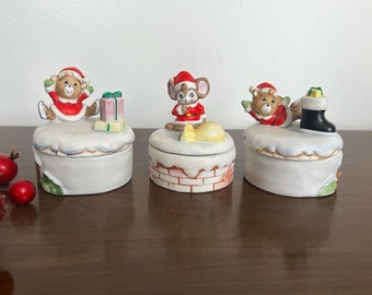 Vintage Christmas Trinket Boxes, HOMCO Bear Mouse Trinket Boxes, Girl Christmas Gifts