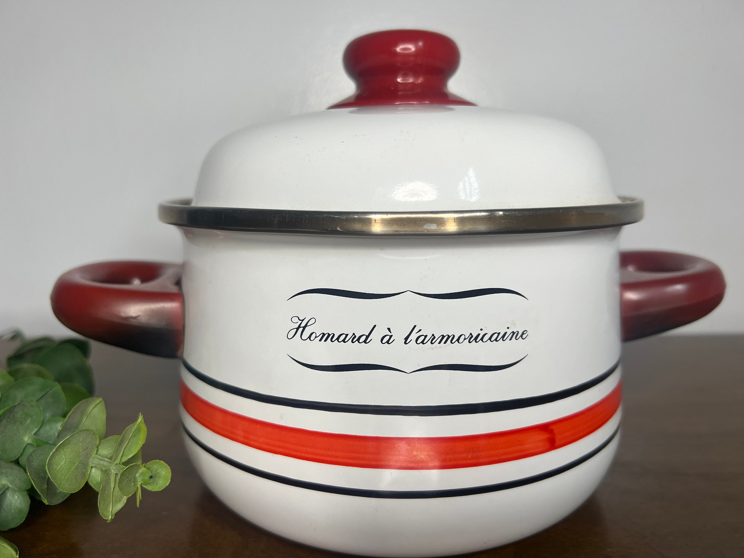 Vintage Enamel Pot With Lid, Retro Enamel Pot, Homard A Larmoricaine