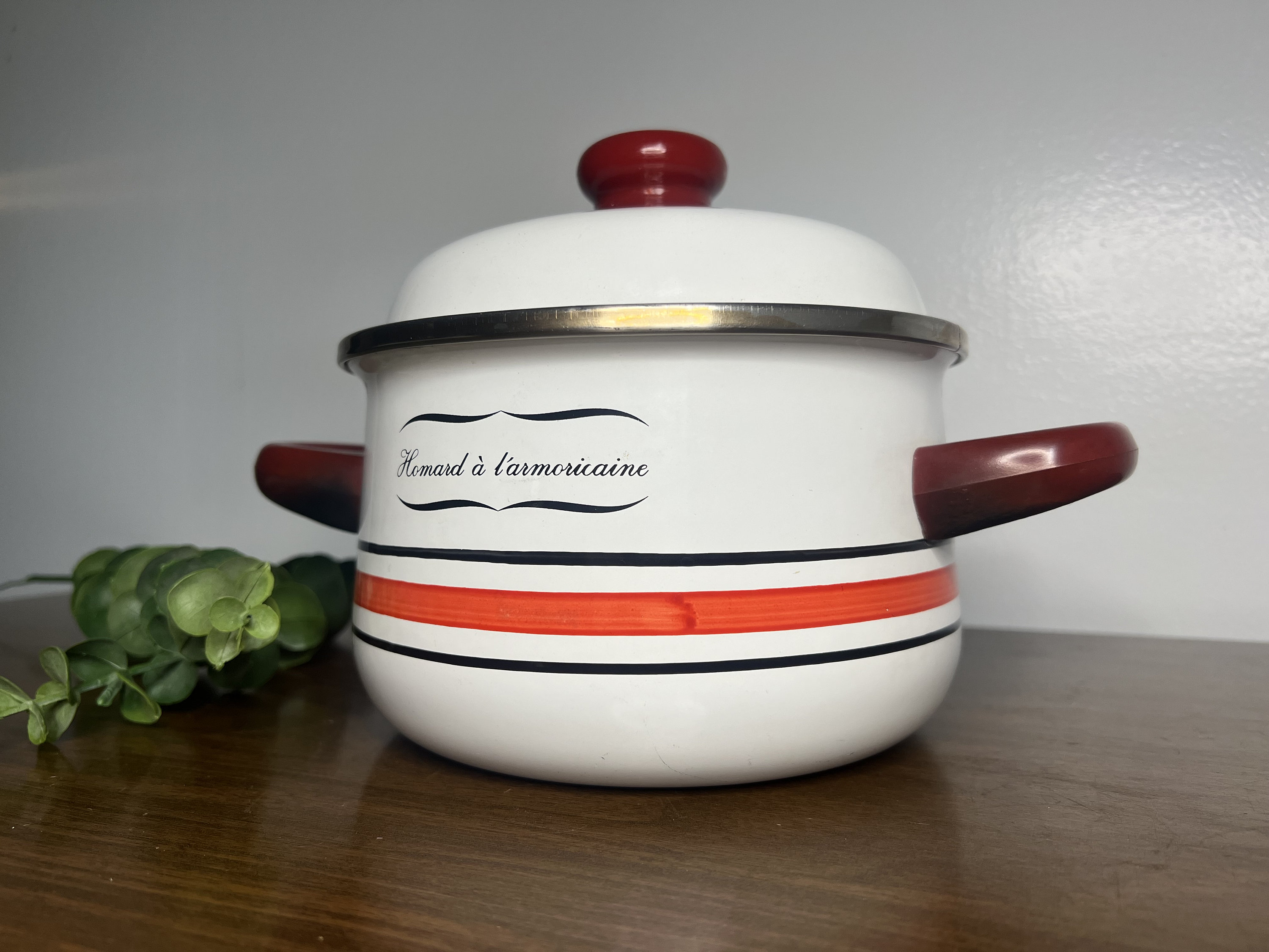 Vintage Enamel Pot With Lid, Retro Enamel Pot, Homard A Larmoricaine