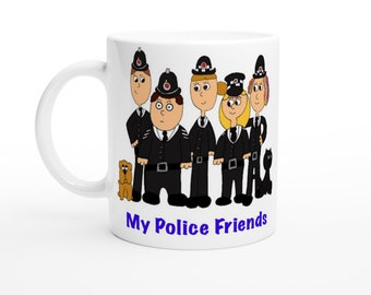 POLICE FUNNY CARTOON mug, Unique  comical hand drawn Inspector, Sergeant, and Constables, Humorous policeman with his police station family.