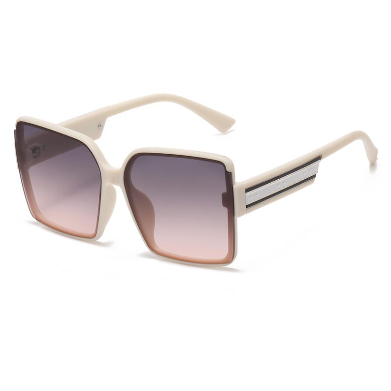 May include: Oversized square sunglasses with a cream-colored frame and gradient lenses that transition from purple to pink. The temples feature a silver stripe detail. A stylish accessory for eye protection.