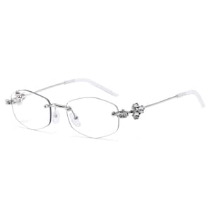 Luxury Rhinestone Hexagonal Rimless Glasses | Crystal Floral Eyewear | Gold Silver Frames for Women | Y2K Aesthetic Clear Lens Glasses |