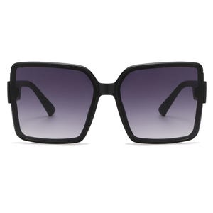 May include: Black square-framed sunglasses with gradient lenses. The sunglasses have a thick frame and a dark gradient tint that transitions from dark at the top to lighter at the bottom. The arms are also black.