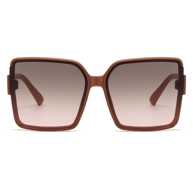 May include: Brown square-framed sunglasses with gradient lenses. The sunglasses have a thick frame and arms, and the lenses transition from a darker shade at the top to a lighter shade at the bottom. The overall design is modern and stylish.