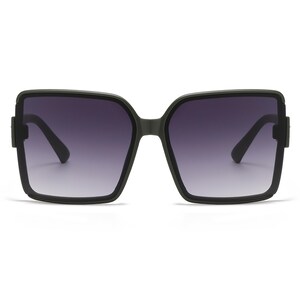 May include: Oversized square sunglasses with a dark grey frame and gradient lenses. The lenses transition from a deep purple at the top to a lighter shade at the bottom. The sunglasses have a modern, bold design.
