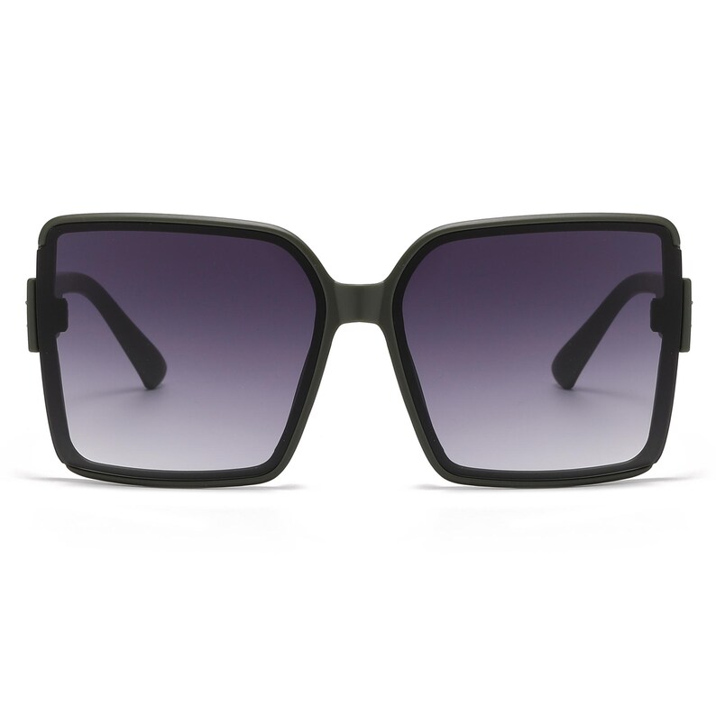 May include: Oversized square sunglasses with a dark grey frame and gradient lenses. The lenses transition from a deep purple at the top to a lighter shade at the bottom. The sunglasses have a modern, bold design.