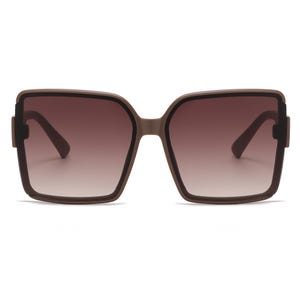 May include: Oversized square sunglasses with a brown frame and gradient brown lenses. The sunglasses have a thick frame with a black outline and dark brown arms. The lenses transition from dark brown at the top to a lighter brown at the bottom.