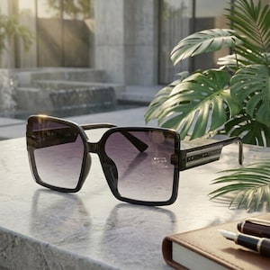 May include: Oversized black sunglasses with gradient lenses. The square frames have a subtle design on the temples. The sunglasses are resting on a marble surface, with a notebook and pens in the background. The scene is set outdoors with greenery.