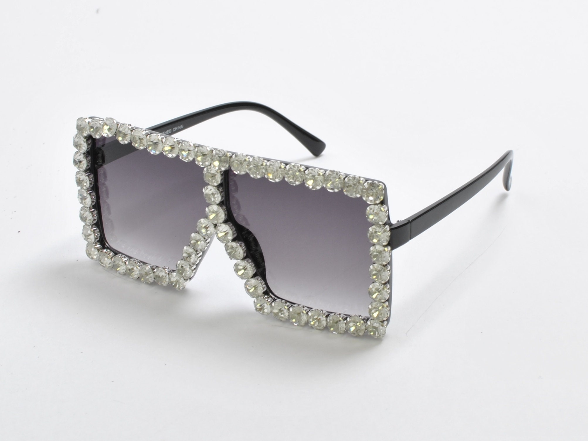 Square Oversize Frame Big Rhinestones Women Fashion Designer Diamond  Sunglasses