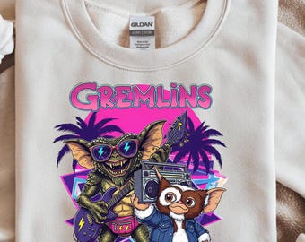 Retro 80s Gremlins PNG: Gizmo & Stripe Neon Graphic Digital Download