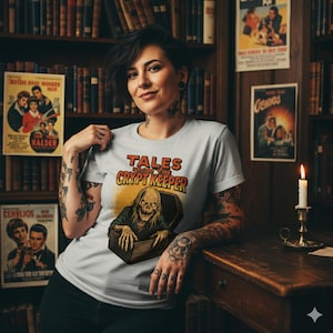May include: A light gray t-shirt featuring the text "TALES FROM THE CRYPTKEEPER" in red and yellow. The shirt has a graphic of a skeleton emerging from a coffin. The image is in a vintage horror style.